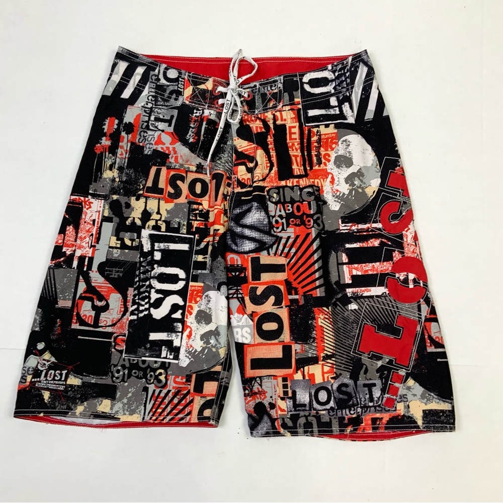 Lost Enterprises Sz 32 Graphic Trash Polka‎ Y2K Board Shorts Swim Trunks Surf